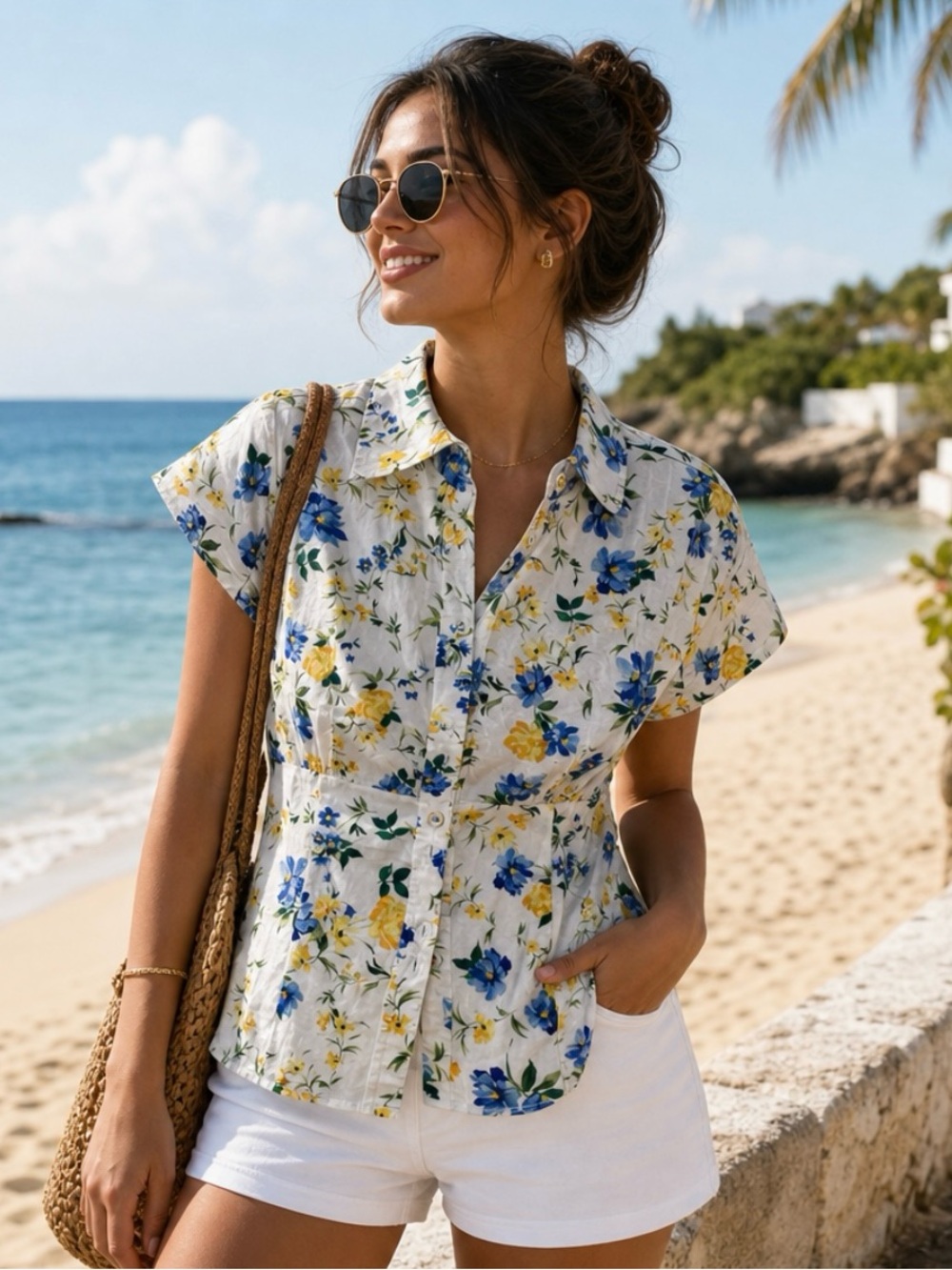 New Floral Button-Front  Top — White with Blue & Yellow Flowers. size S